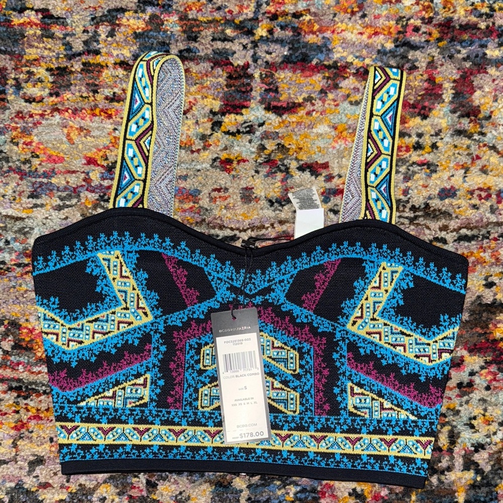 BCBGMaxAzria Geometric Blue and Black Crop Top